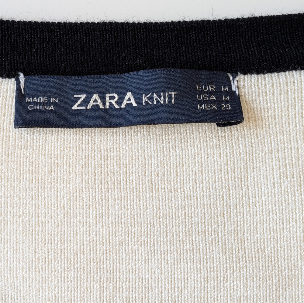 Zara Knit Cream Black Contrast Pearl Button Cardigan Sweater Medium - Picture 2 of 11